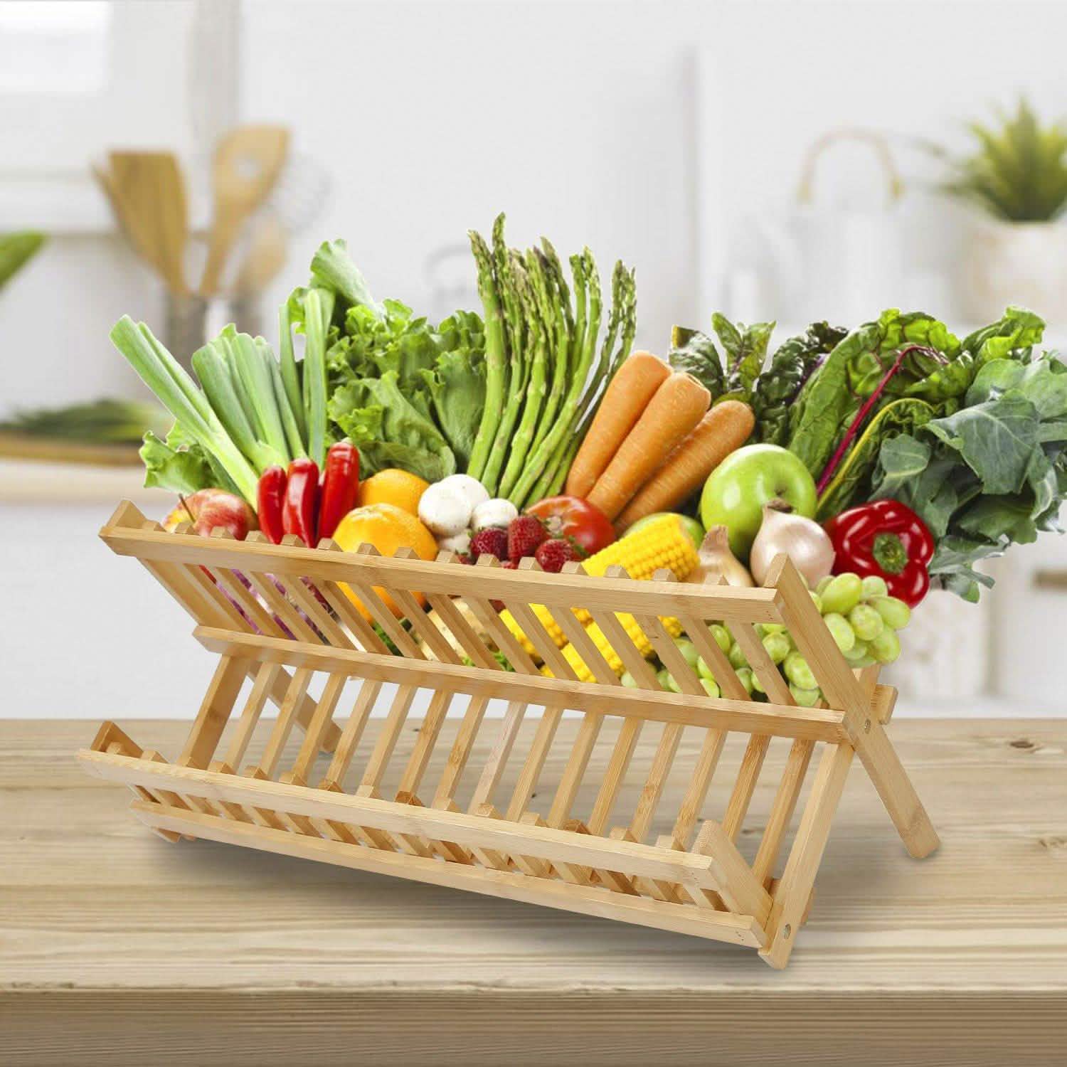 2-Tier Foldable Bamboo Dish Drying Rack