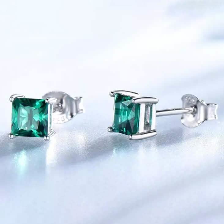 2.00 CTTW Sterling Silver Emerald Princess Cut Studs