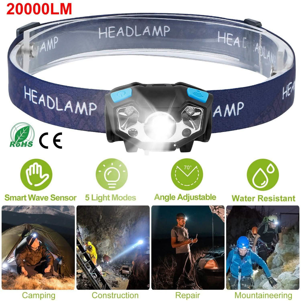 20000LM LED Headlamp USB Rechargeable Wave Motion Sensor Headlight