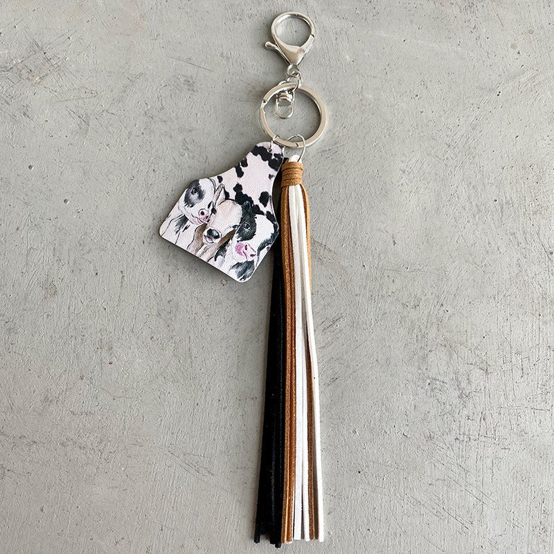 Handmade Popular Jewelry Western Farm Style Leather Keychain Cow Horse Deer Cow Brand Leather Tassels