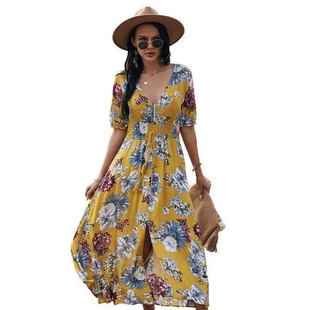 Fashion Casual Loose Party Short Sleeve Maxi Split Dress -  Summer Dresses for Women