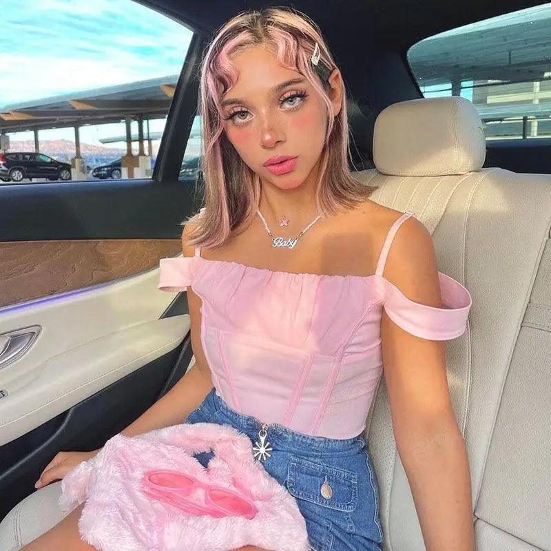 Summer best fashion Elegant Pink Strap Crop Top T Shirt women's fashion flattering tops
