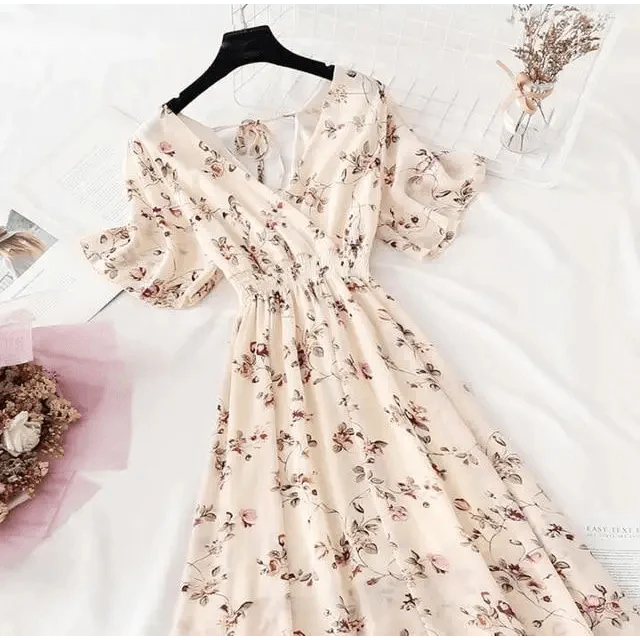Summer Women Ruffled Short-sleeved Chiffon Dress V-neck High Waist Floral Print Beach Midi Dresses For Women