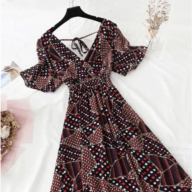 Summer Women Ruffled Short-sleeved Chiffon Dress V-neck High Waist Floral Print Beach Midi Dresses For Women