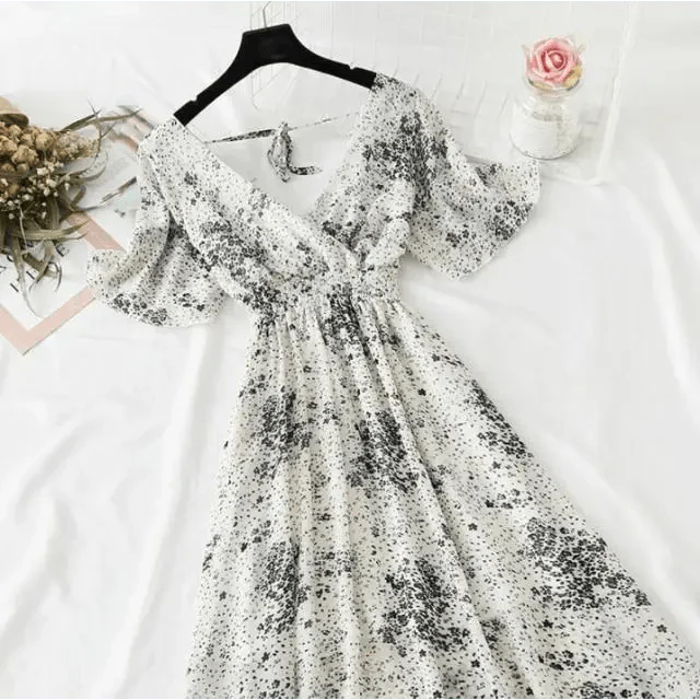 Summer Women Ruffled Short-sleeved Chiffon Dress V-neck High Waist Floral Print Beach Midi Dresses For Women