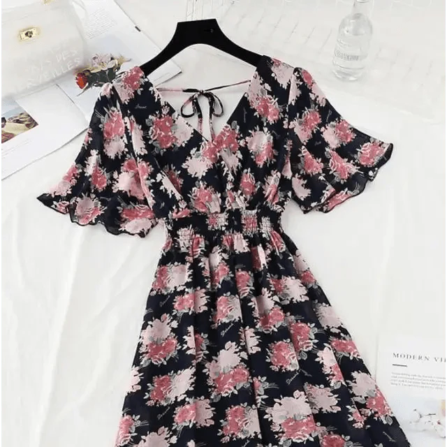 Summer Women Ruffled Short-sleeved Chiffon Dress V-neck High Waist Floral Print Beach Midi Dresses For Women