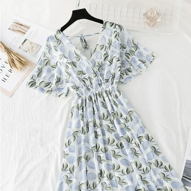 Summer Women Ruffled Short-sleeved Chiffon Dress V-neck High Waist Floral Print Beach Midi Dresses For Women
