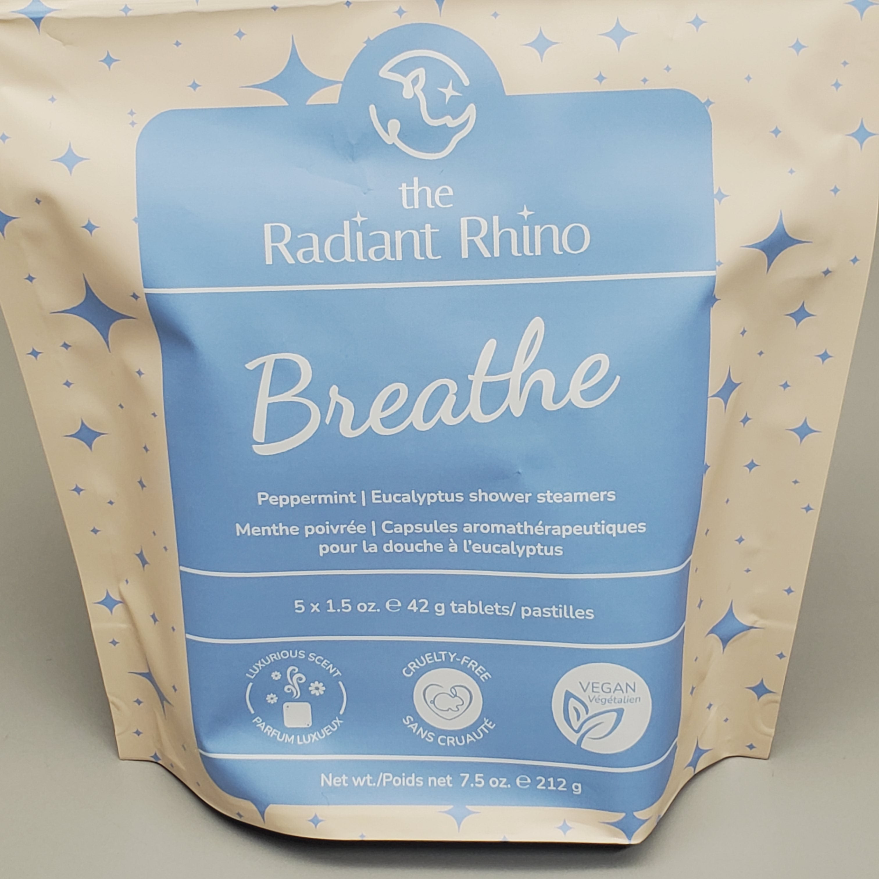 ZA@ THE RADIANT RHINO Breathe Peppermint Eucalyptus Shower Steamers 6-PK! 5x1.5oz Tablets 7.5oz (New) D