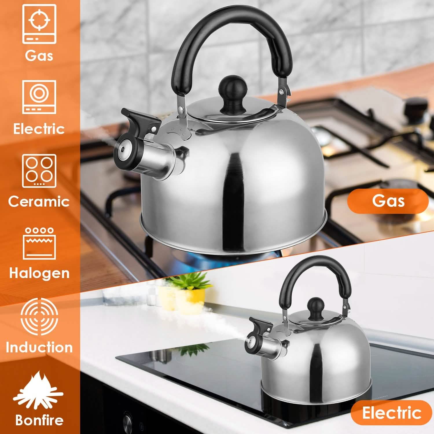 2.1 Quarts Stainless Steel Whistling Tea Kettle Stovetop Induction Gas Teapot