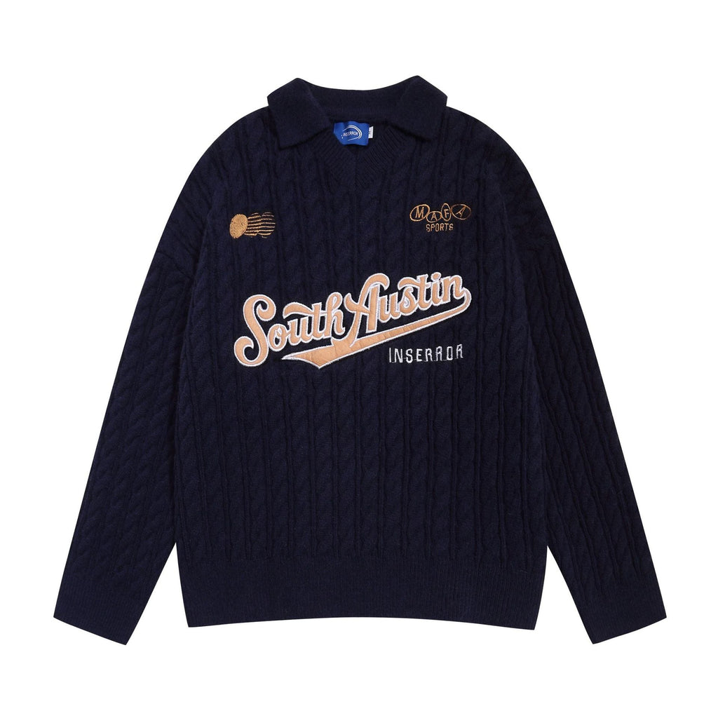 Letter embroidery V-neck casual sweater