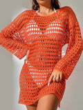 Knitted hollowed out pullover round neck long sleeved bikini swimsuit cover