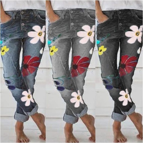 Printed denim trousers