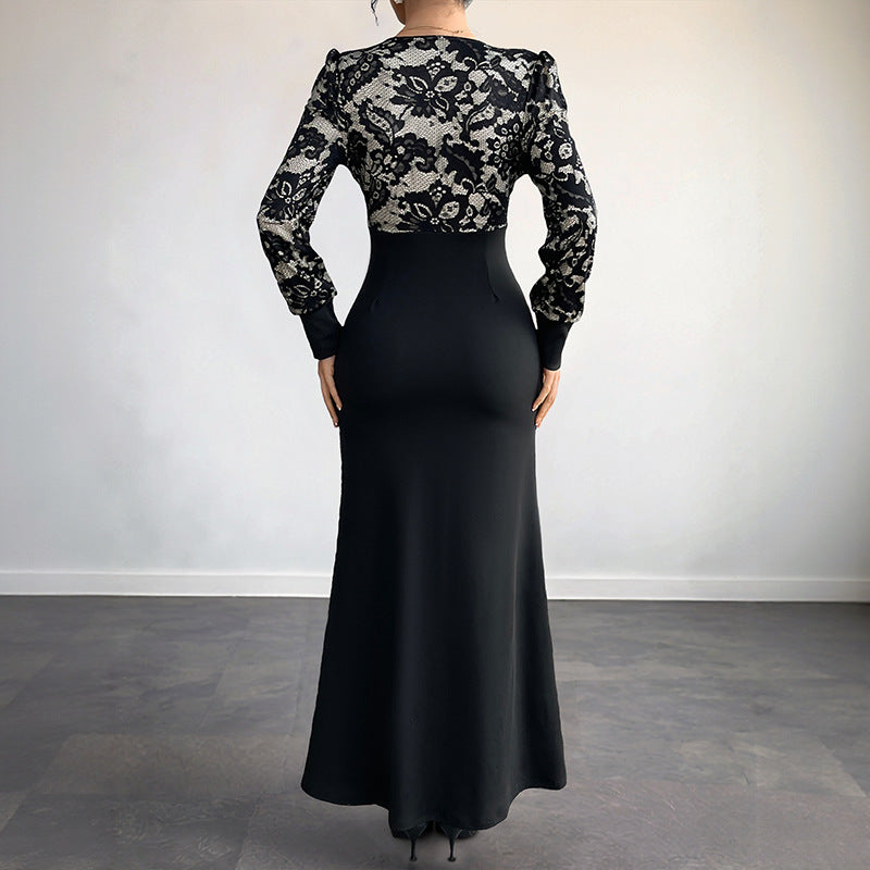 Sexy Retro Lace Splicing Long Sleeve V-neck Dress for Evening and Date
