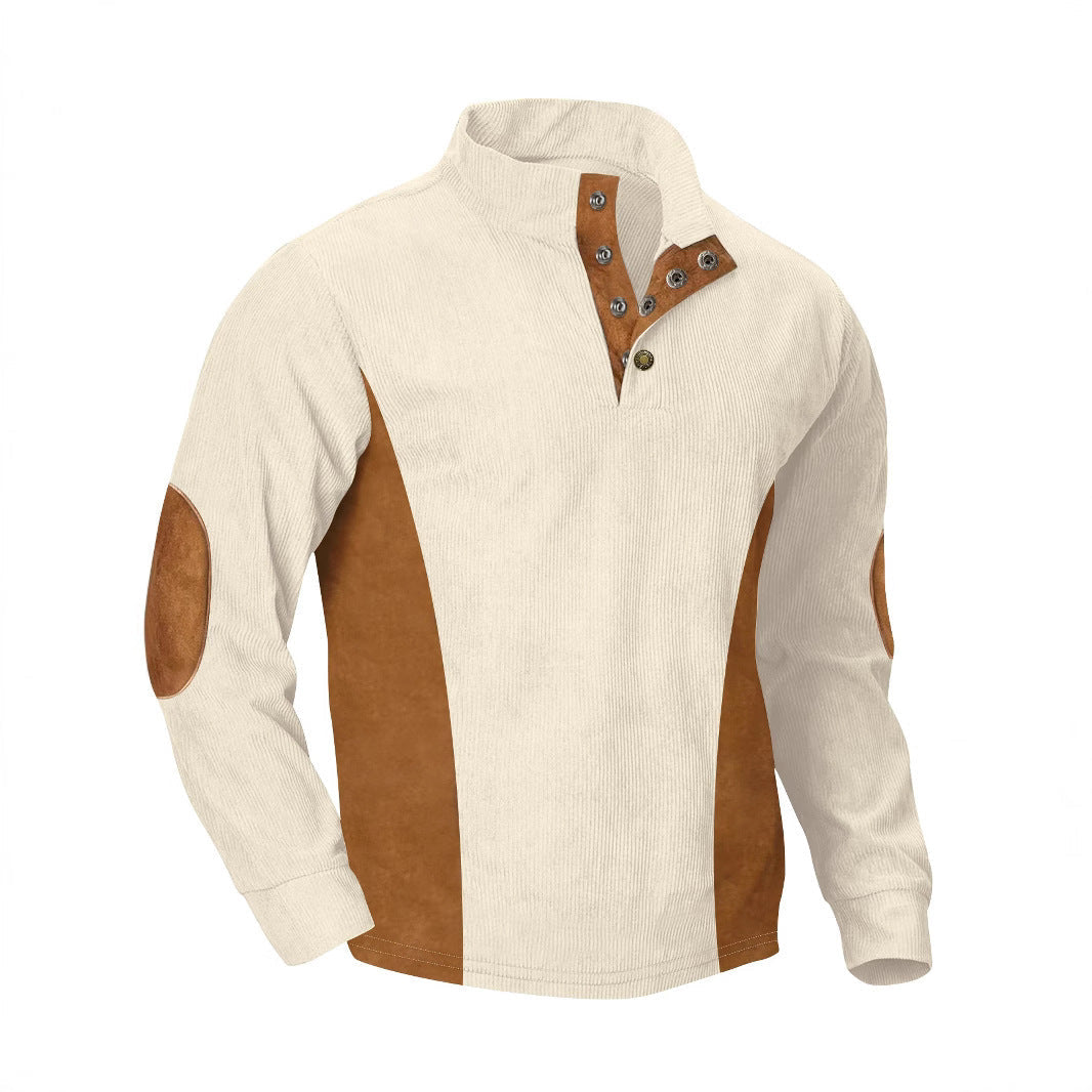 European men's casual stand up collar long sleeved corduroy sweatshirt with pit stripe