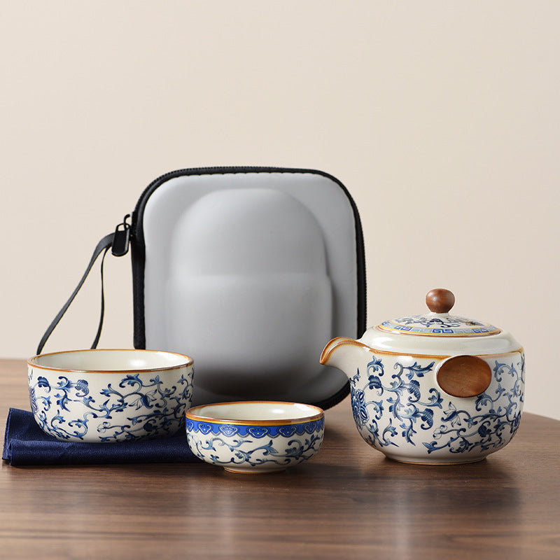 Blue and white beige Ru kiln travel tea set one pot three cups outdoor portable entwined lotus ceramic retro teapot