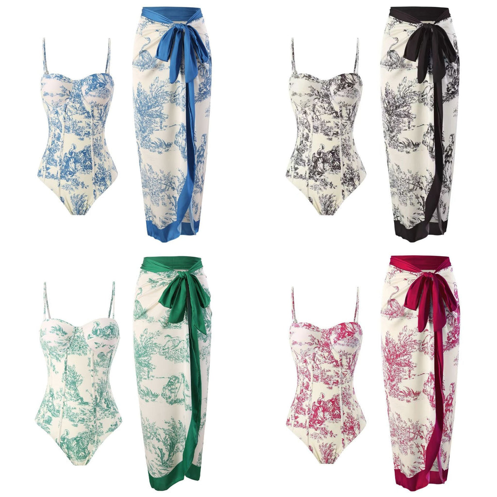 New one-piece swimsuit women's tight fitting slimming retro strap sunscreen long skirt two-piece set
