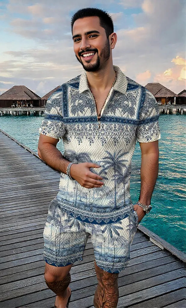 Men's Summer Fashion 3D Printed Short Sleeve Geometric Zip Lapel Shirt Set