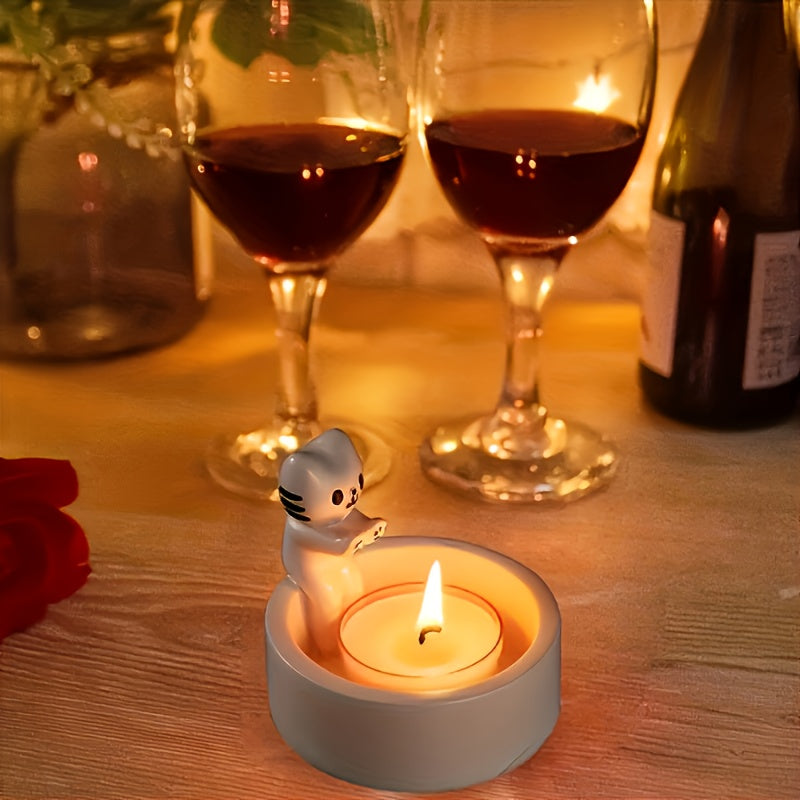 1pc WhimsyCat Ceramic Kitten Candle Holder - Encaustic Finish Tabletop Animal Theme Decor for Christmas, Halloween, Easter, Thanksgiving, Valentine'S Day