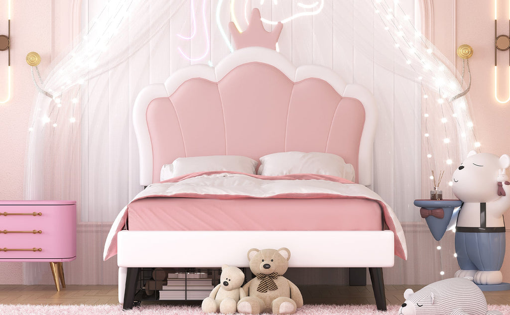 Twin cushion princess bed with crown headboard and 2 drawers with headboard and footrest, pink+white