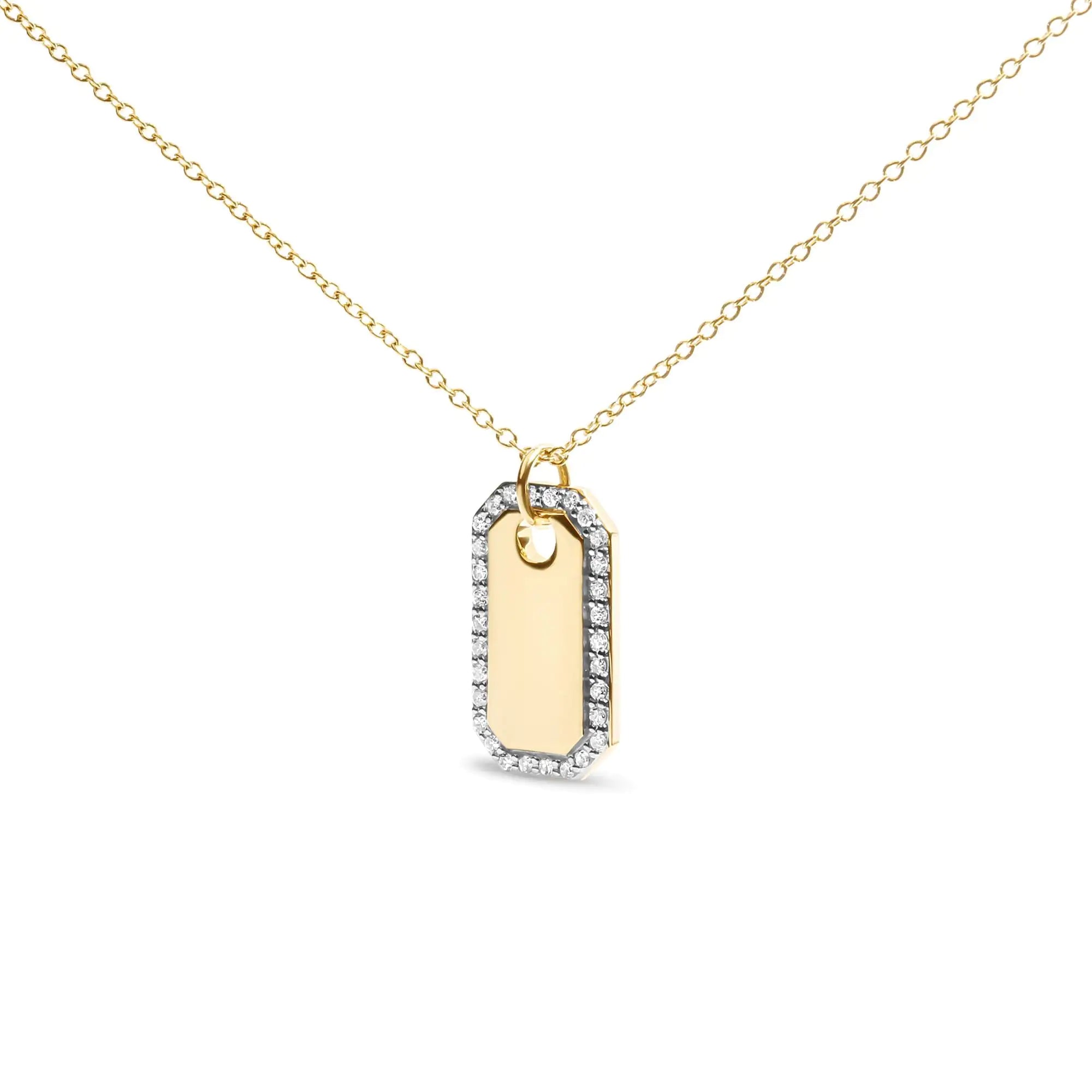 14K Yellow Gold 1/4 Cttw Diamond Halo  Octagonal Dog Tag Pendant 18" Necklace (I-J Color, I2-I3 Clarity)