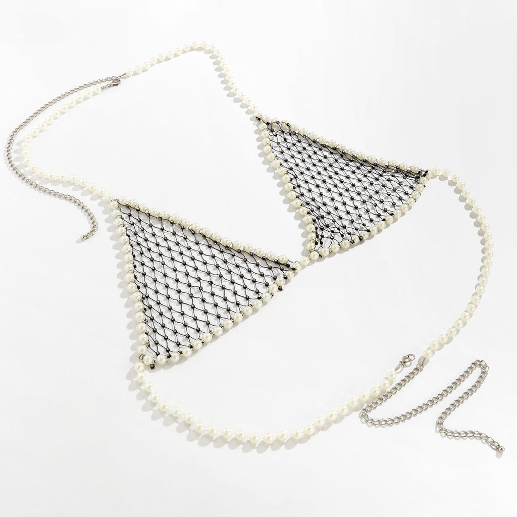 Women's sexy and simple imitation pearl woven chest chain set, new creative fishing net waist chain