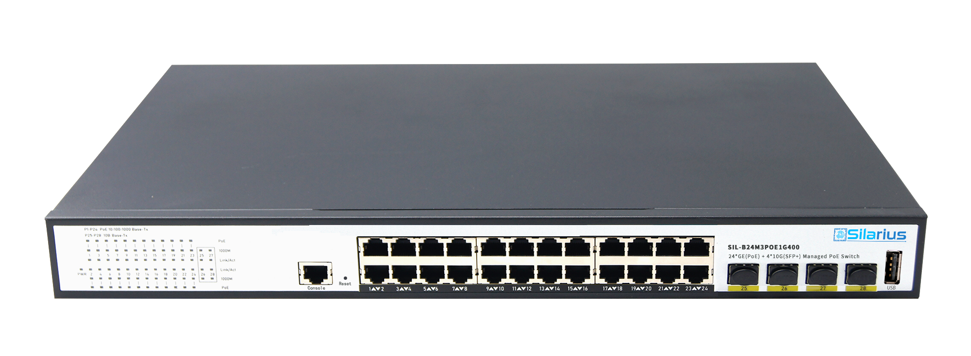 Silarius SIL-B24M3POE1G400 24 Ports 10/100/1000Mbps Gigabit Layer 3 Managed PoE+ switch with 4 Ports 10G SFP+ Uplink, 1 Console, 6KV surge protection, 400W, rack mount installation