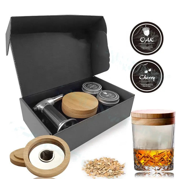 Professional Bourbon Drink Infuser Gift Box | Luxury Wood Chip Aromatic Cocktail Kit | Hand-Carved Oak Spirit Seasoning Set with Torch