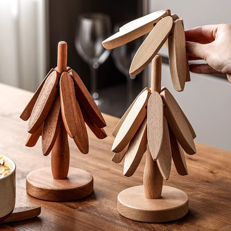 Wooden Christmas Tree Folding Coaster Black Walnut Thick Seat Adiabatic Pad For Kitchen Desktop Decoration Housewarming Gift