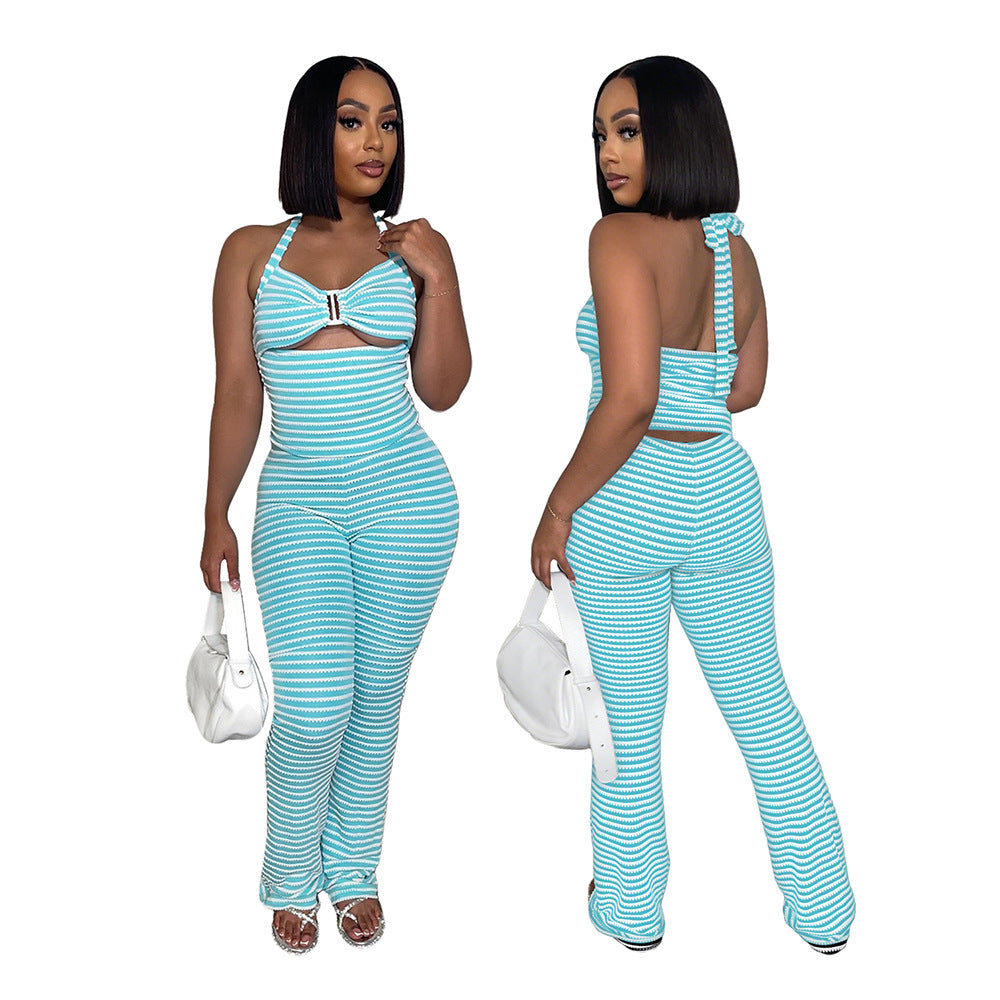 Belted Short Top with Slim Pencil Skirt Two-Piece Set in Jacquard Stripe