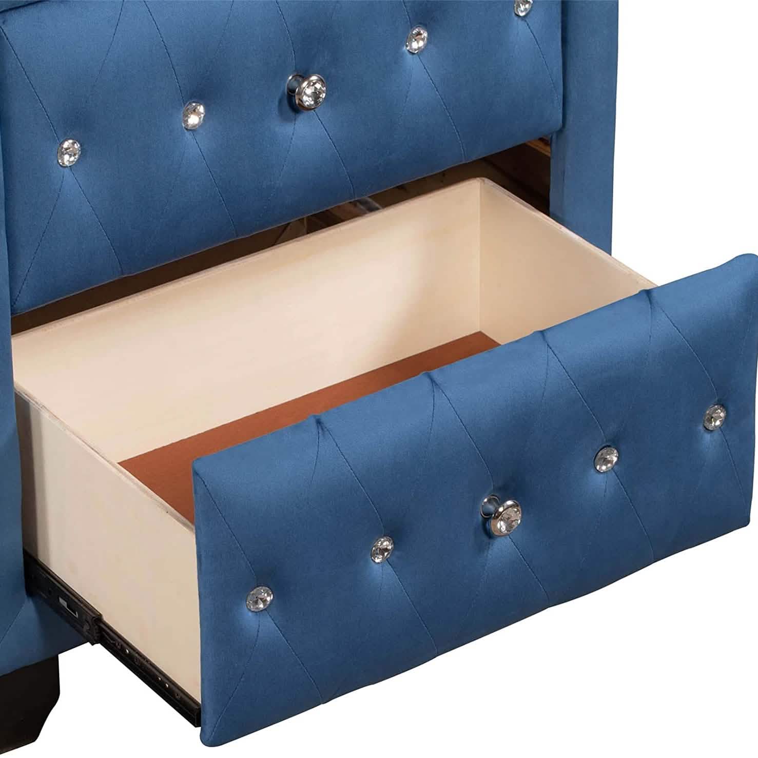 27.9" Tall Bedside Table Blue Upholstered Velvet 2-Drawer Nightstand