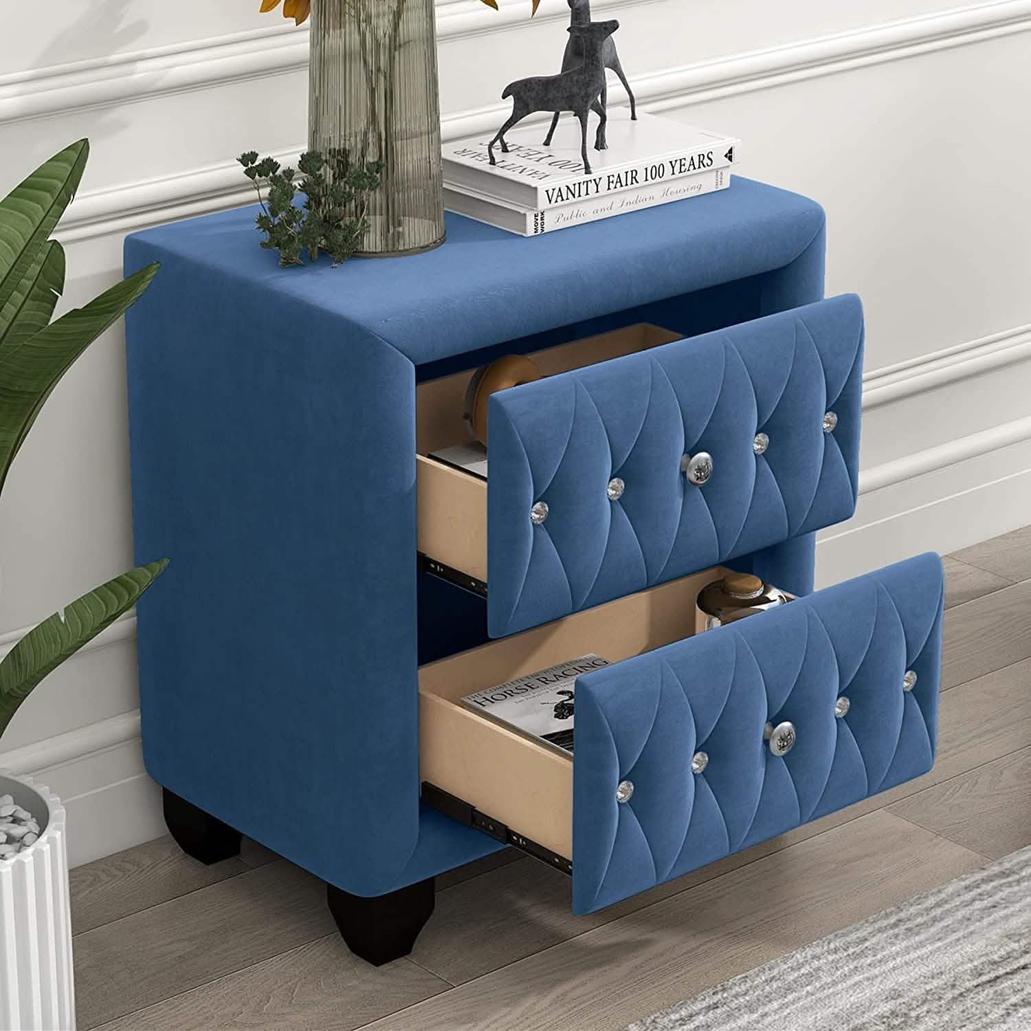 27.9" Tall Bedside Table Blue Upholstered Velvet 2-Drawer Nightstand
