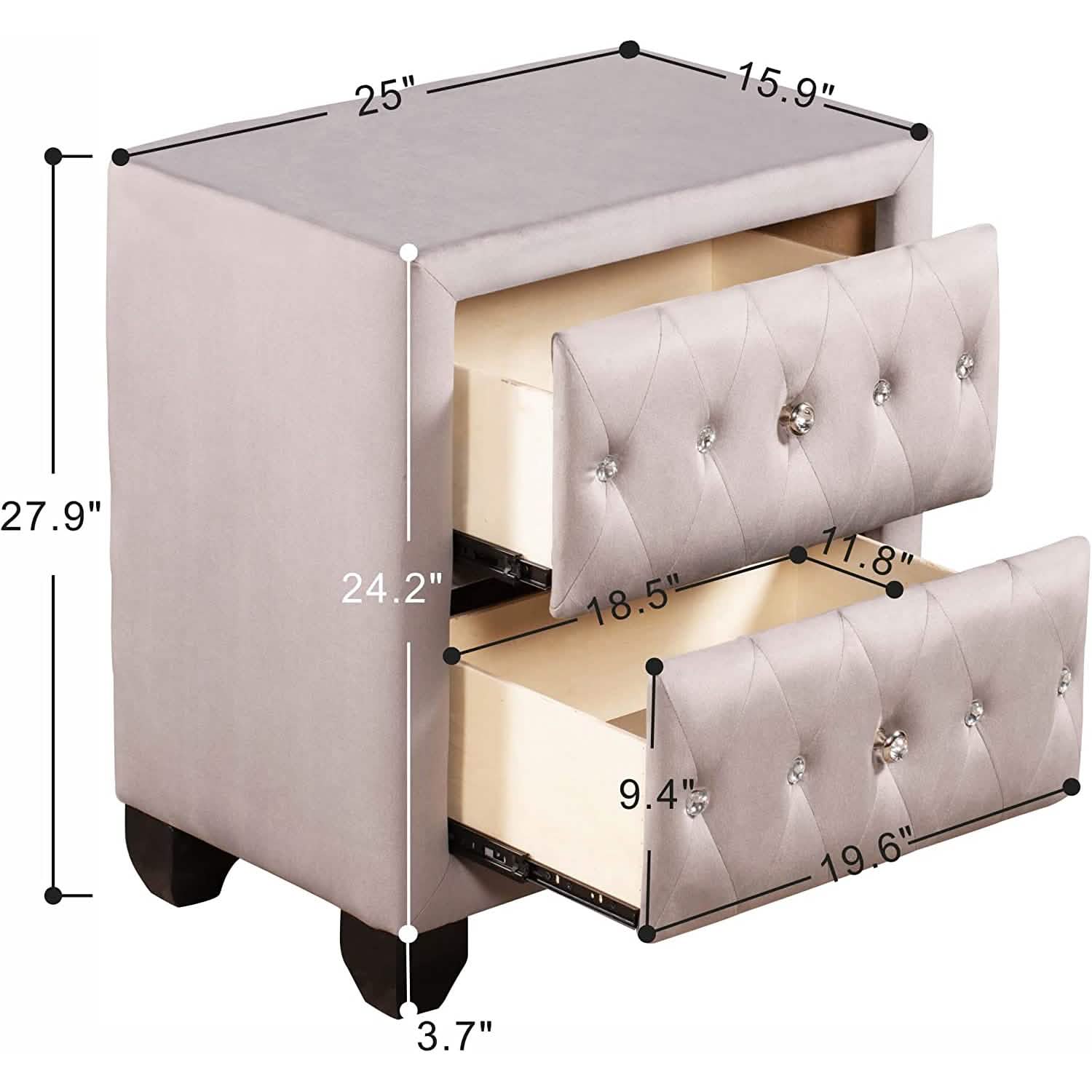 27.9" Tall Bedside Table Blue Upholstered Velvet 2-Drawer Nightstand