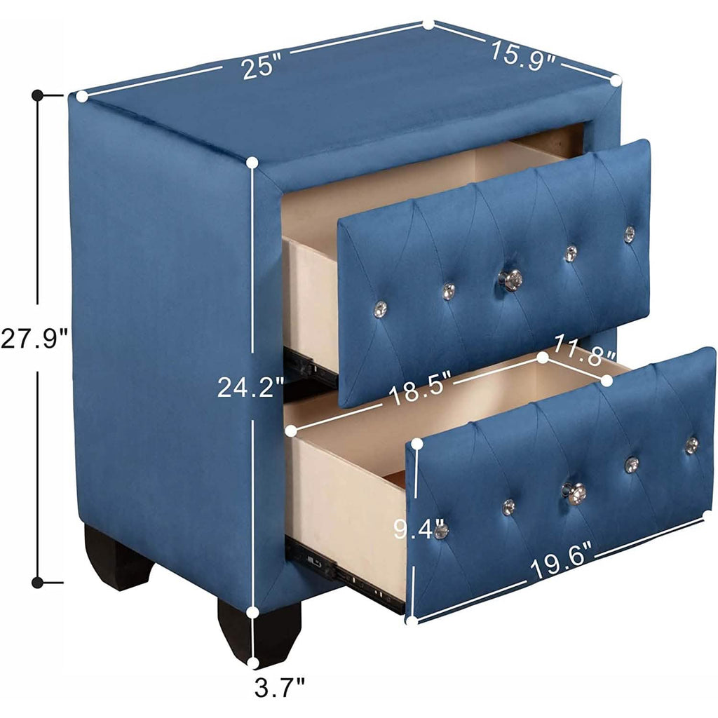 27.9" Tall Bedside Table Blue Upholstered Velvet 2-Drawer Nightstand