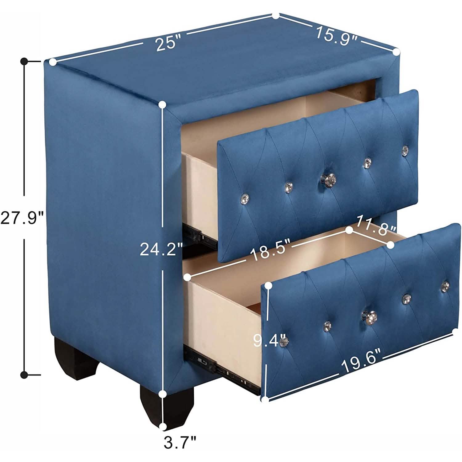 27.9" Tall Bedside Table Blue Upholstered Velvet 2-Drawer Nightstand