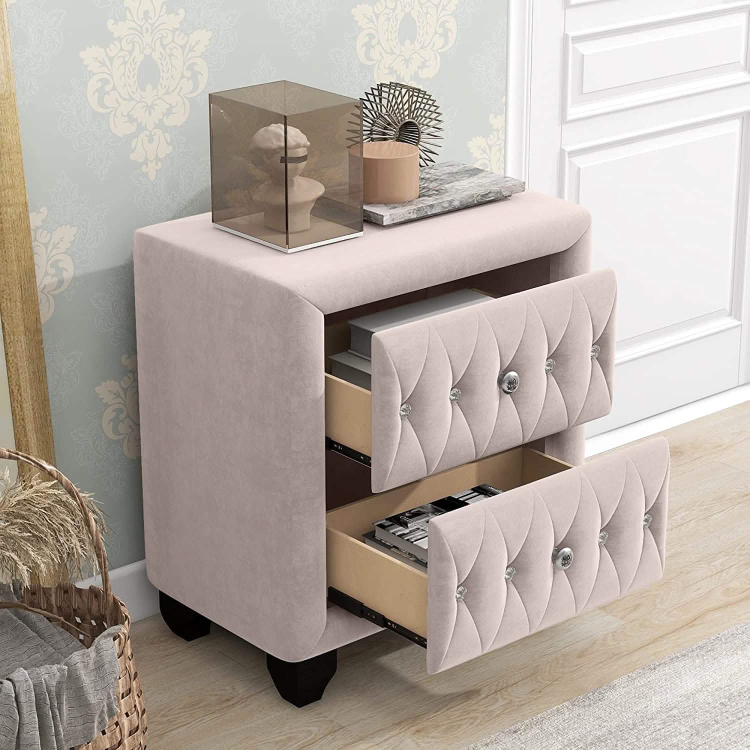 27.9" Tall Bedside Table Blue Upholstered Velvet 2-Drawer Nightstand