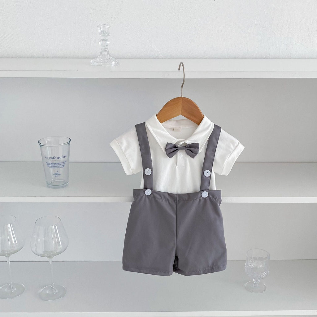 Summer baby hoodie tie suspender shorts two-piece set for gentlemen's one month and one year old dress suspender pants
