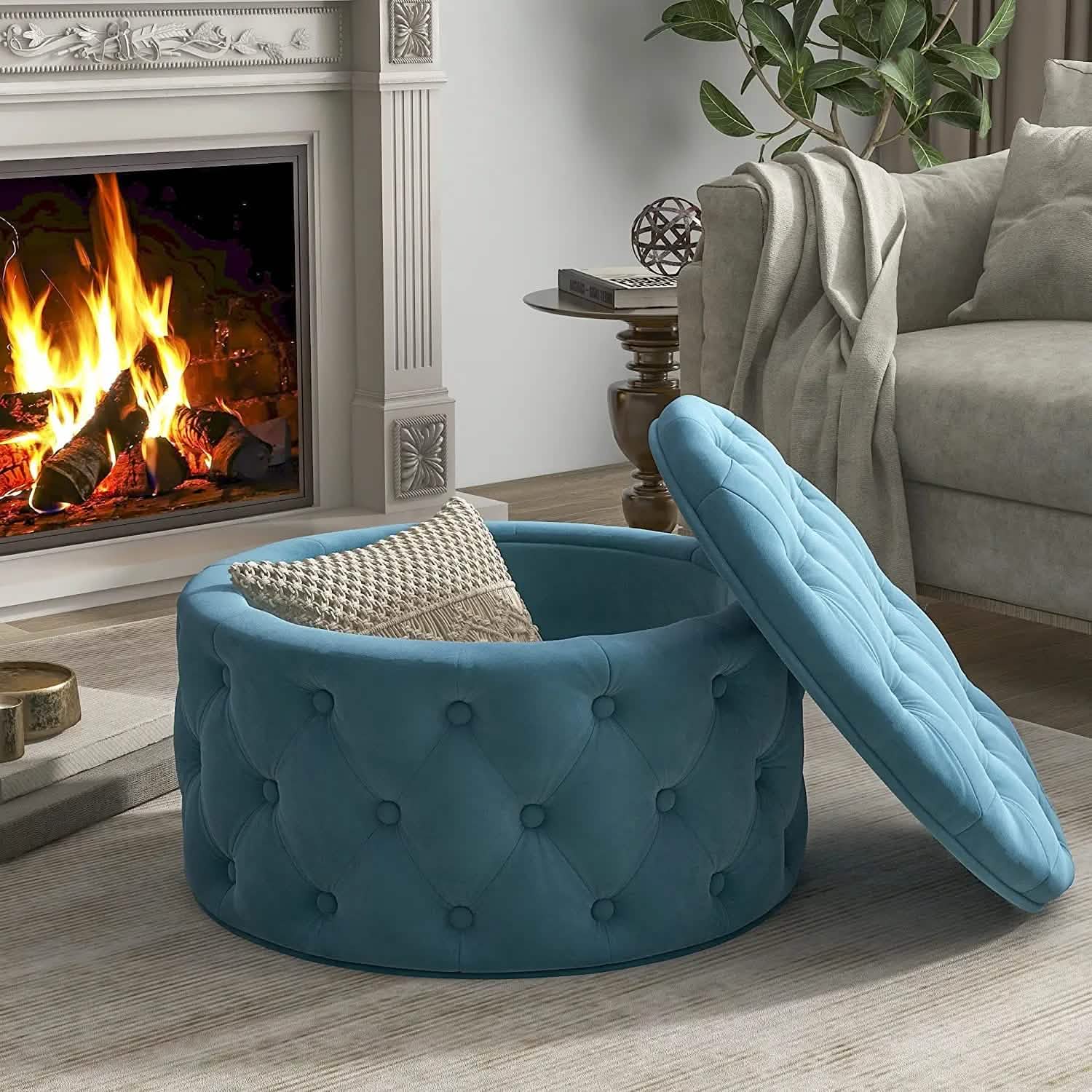 29.5" Tufted Velvet Round Ottoman Classic Button Living Room Footrest with Storage