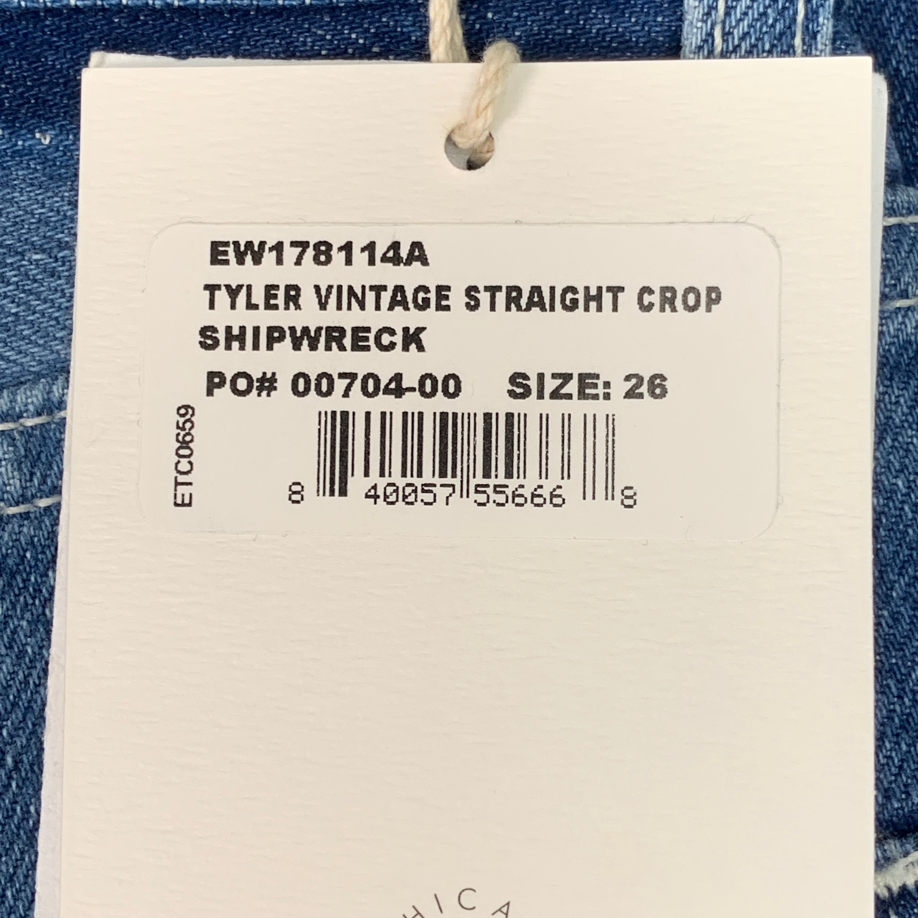 ETICA Tyler Vintage Straight Crop Jeans 100% Cotton Shipwreck Size 26 EW178114A