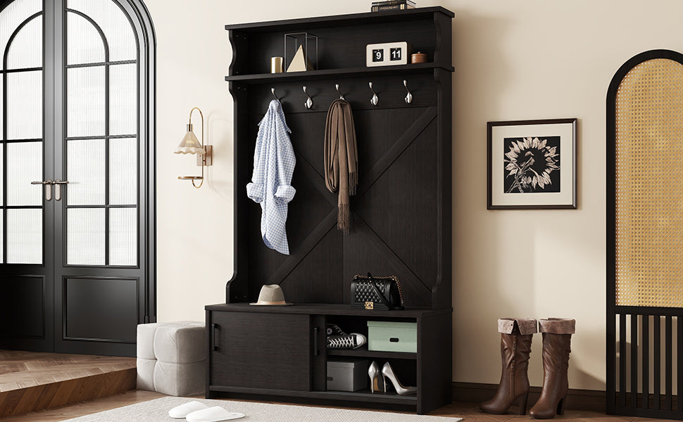 Hall tree with roof rack and storage platform, corridor shoe cabinet with sliding door, clothes hanger with 5 hooks black