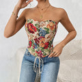 Retro strapless floral print slim fit new lace up chest hugging niche vest