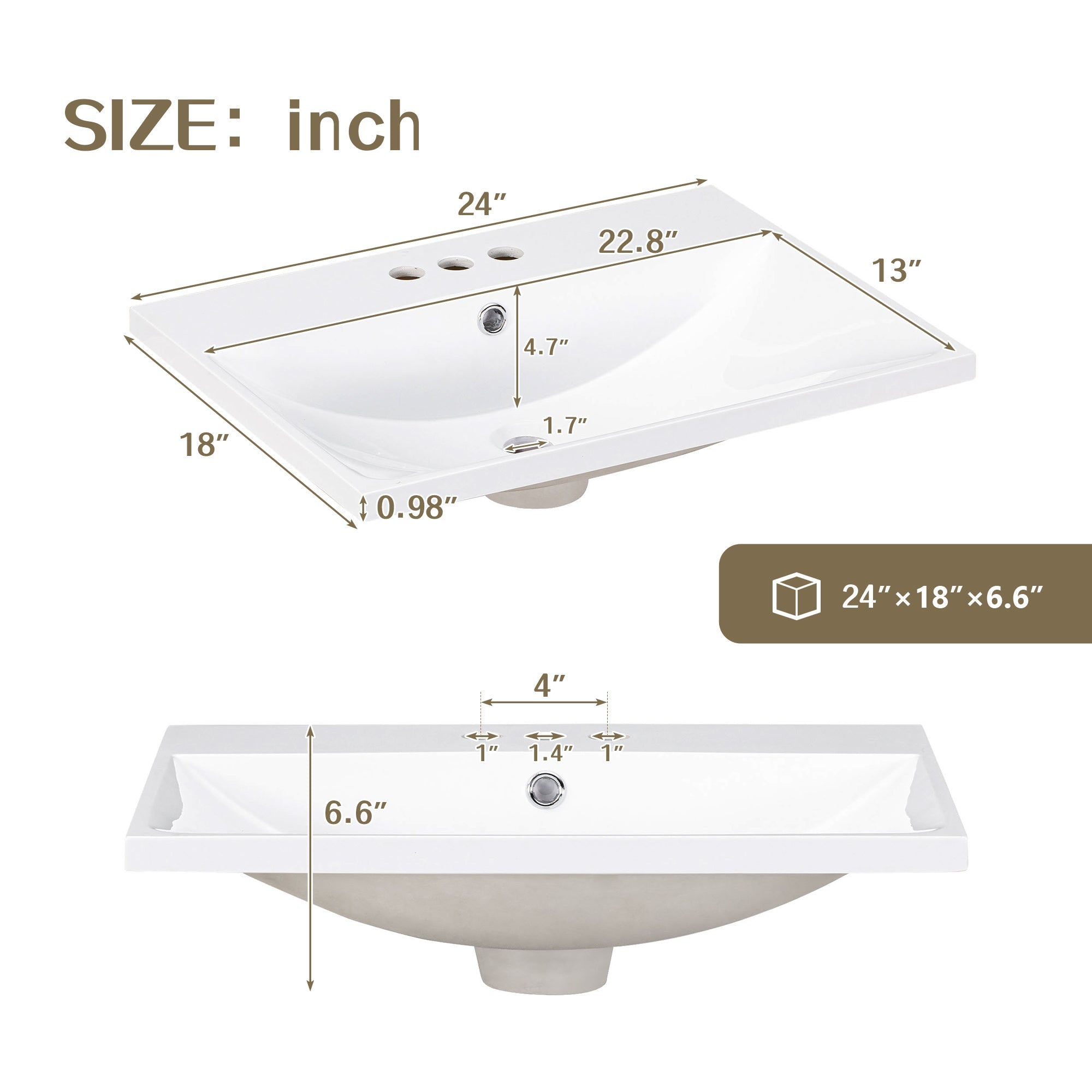24" Bathroom Vanity Top Only White Basin 3-Faucet Holes  4" Faucet Available Ceramic