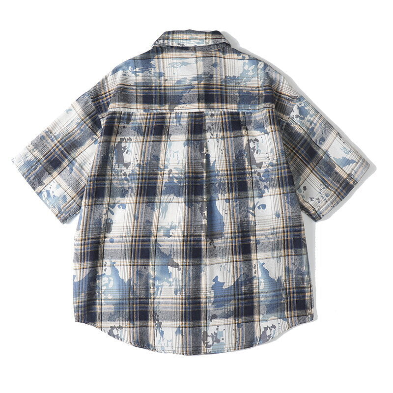 Tie dye printed plaid wide cut shirt