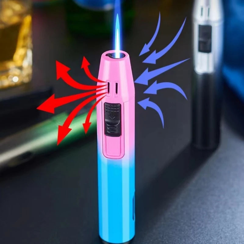 Pen Metal Lighter Mini Spray Gun Inflatable Windproof Butane Gas Lighter Adjustable Straight Shot Blue Flame Cigarette Tools