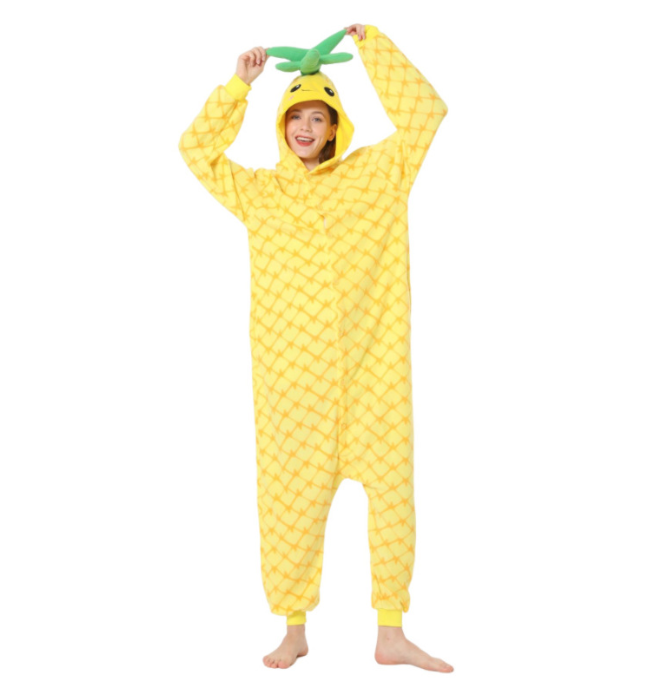 Pineapple cartoon one piece pajamas autumn and winter fleece thickened warm home clothing cute men and women Halloween