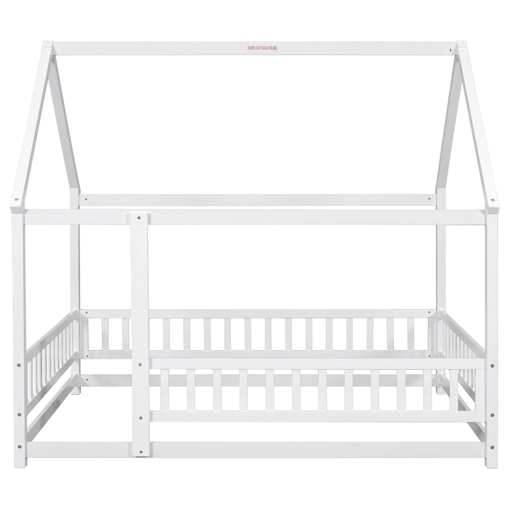 Full Size Floor Wooden Bed with House Roof Frame, Fence Guardrails ,White