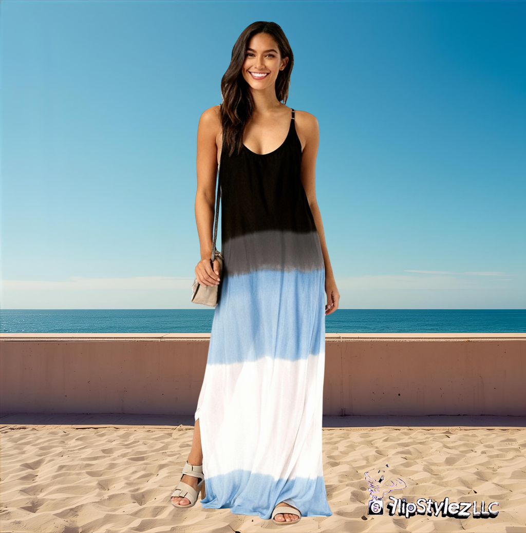 New Blue tie dye pattern Summer Strap Loose Split Vest Dress for women