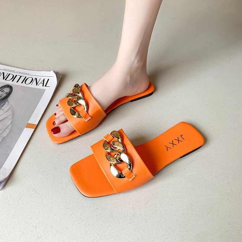 Women Sandals Design Gold Chain Closed Toe Slip On Mules Shoes Flat Heels Square Head Casual Slides Summer Slippers Open Toe Flat Sandals Metal Chain PU Leather Slides Shoes