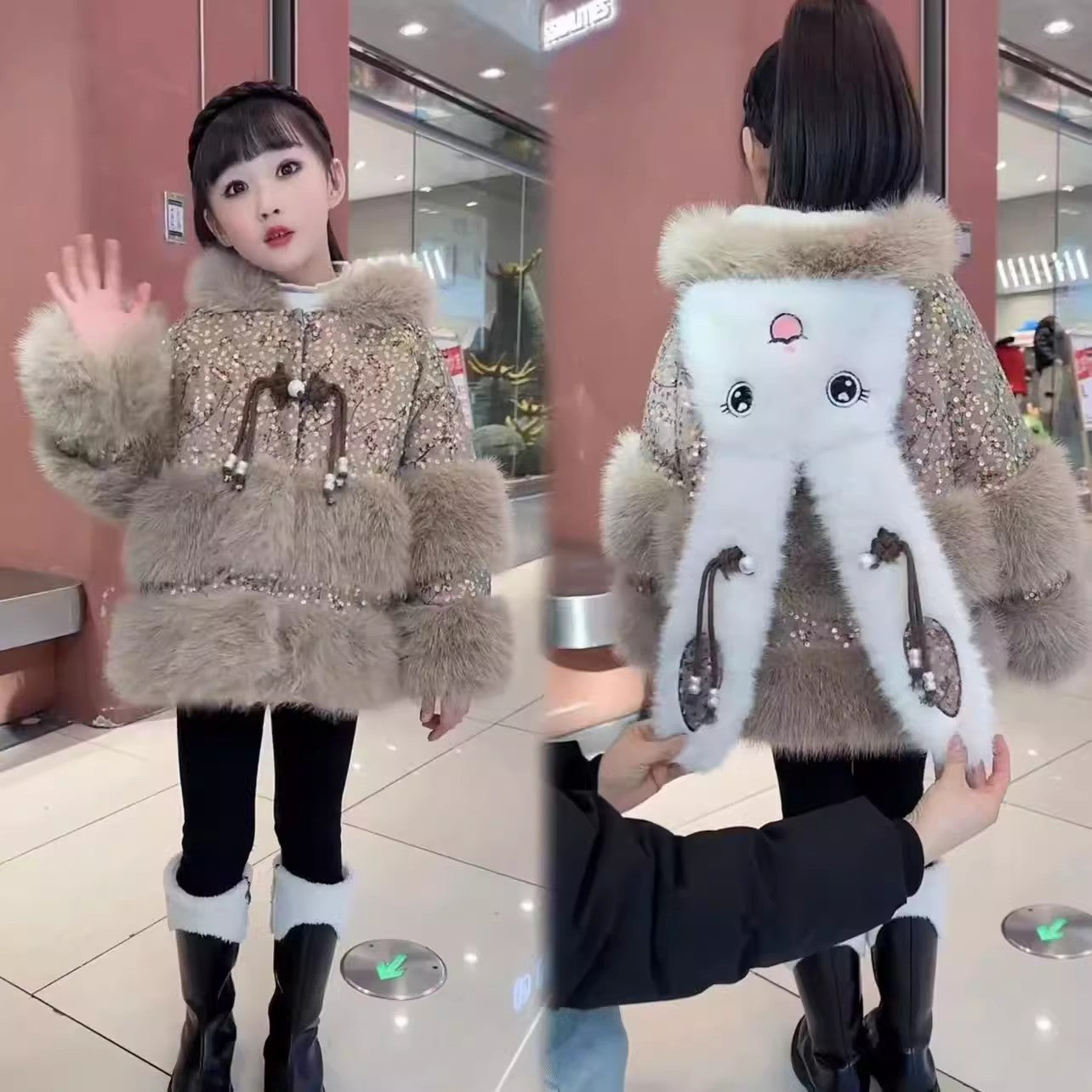 Fleece-lined Padded Faux Fur Coat For Little Girls