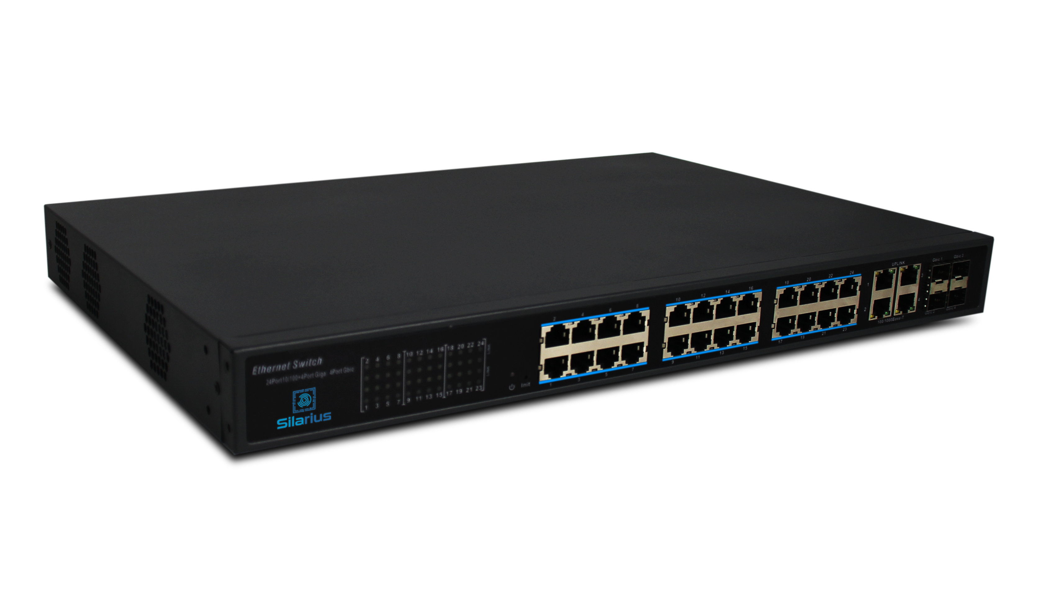 Silarius SIL-SW24POE 28 Ports POE switch with 24/100MB Ports PoE+, 4 Gigabit Uplinks, and 4 SFP Slots Uplink - 370W POE
