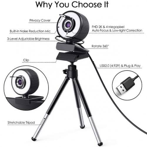 2K HD Webcam with Built-In 18 LED Adjustable Ring Light and Microphone